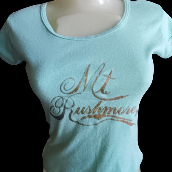 Vintage Wome's T-shirt Small Single Stitch Mt. Rushmore Glitter Aqua 1970's USA - Picture 1 of 7